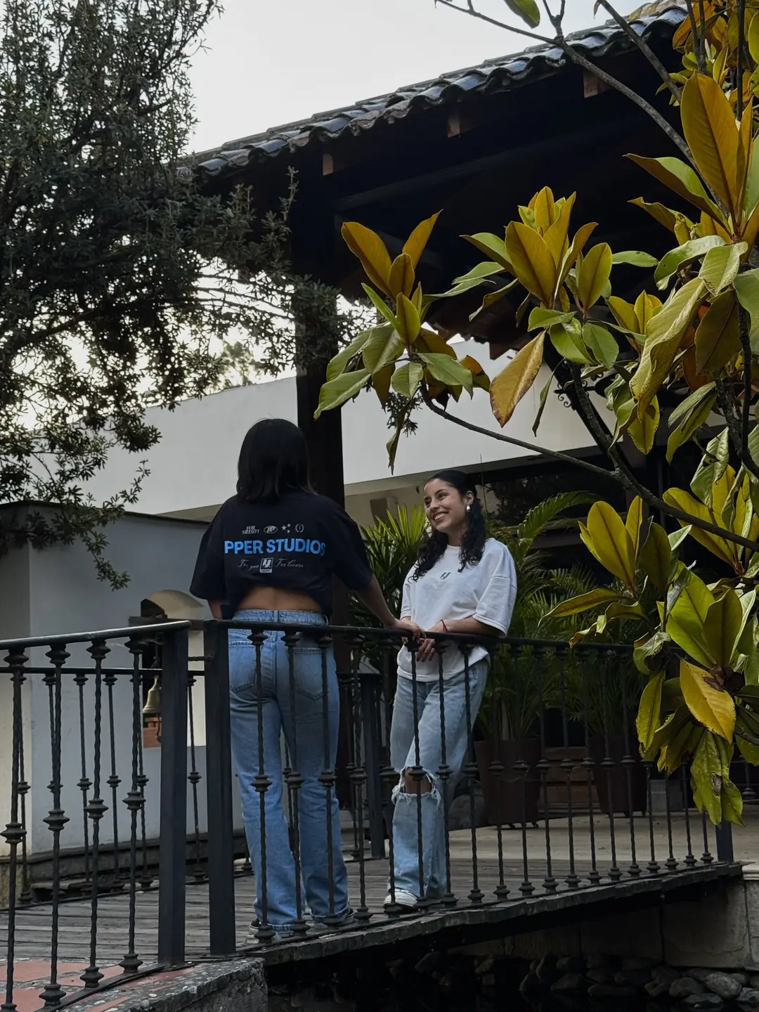 Two friends on a garden bridge wearing drop 01 tees.